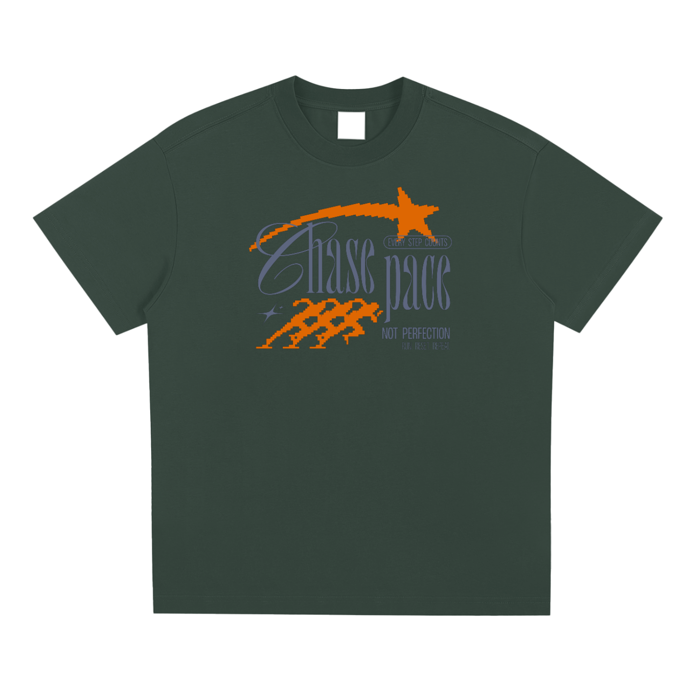 Green t-shirt with orange and purple graphic design on a white background