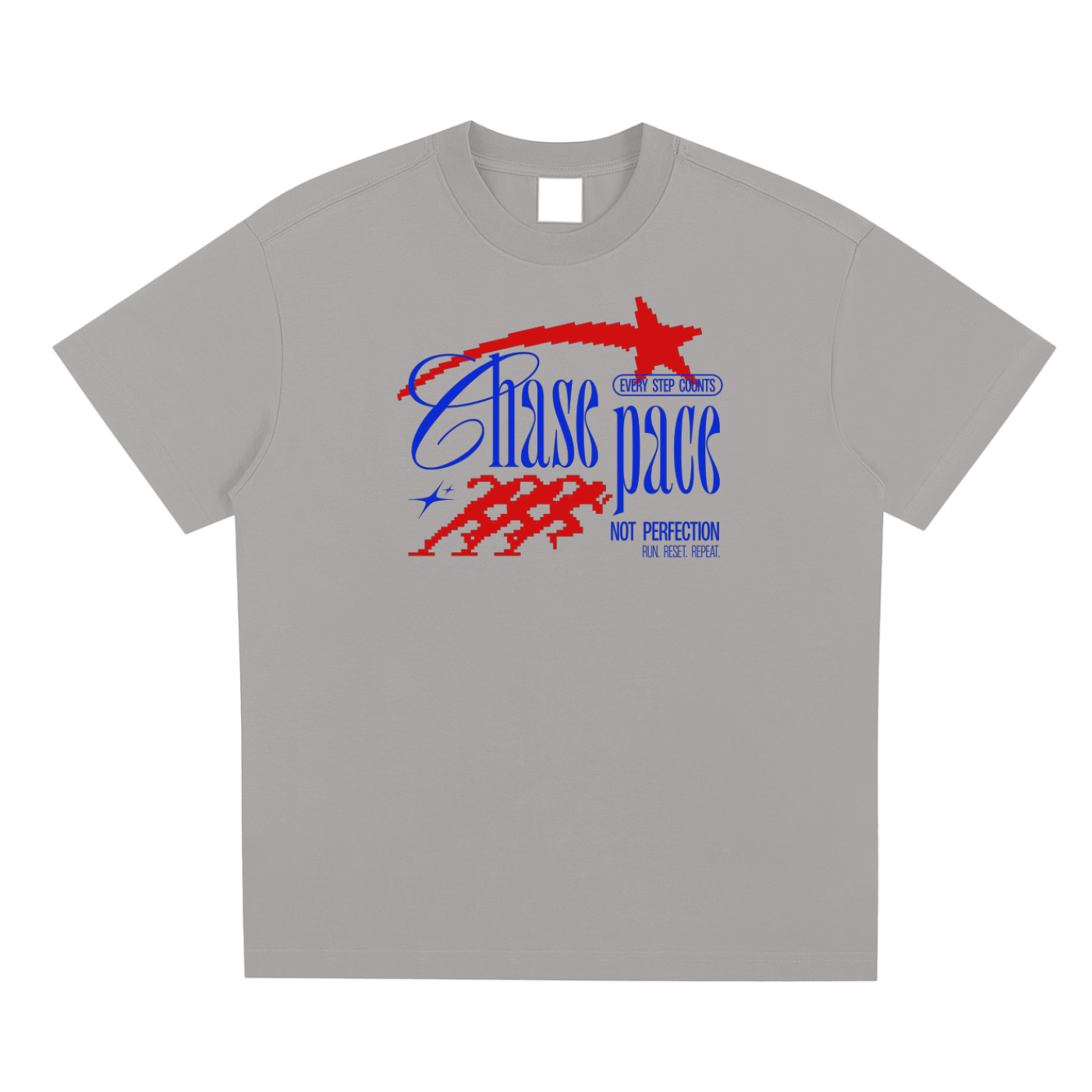 Grey t-shirt with red and blue graphic design on a white background