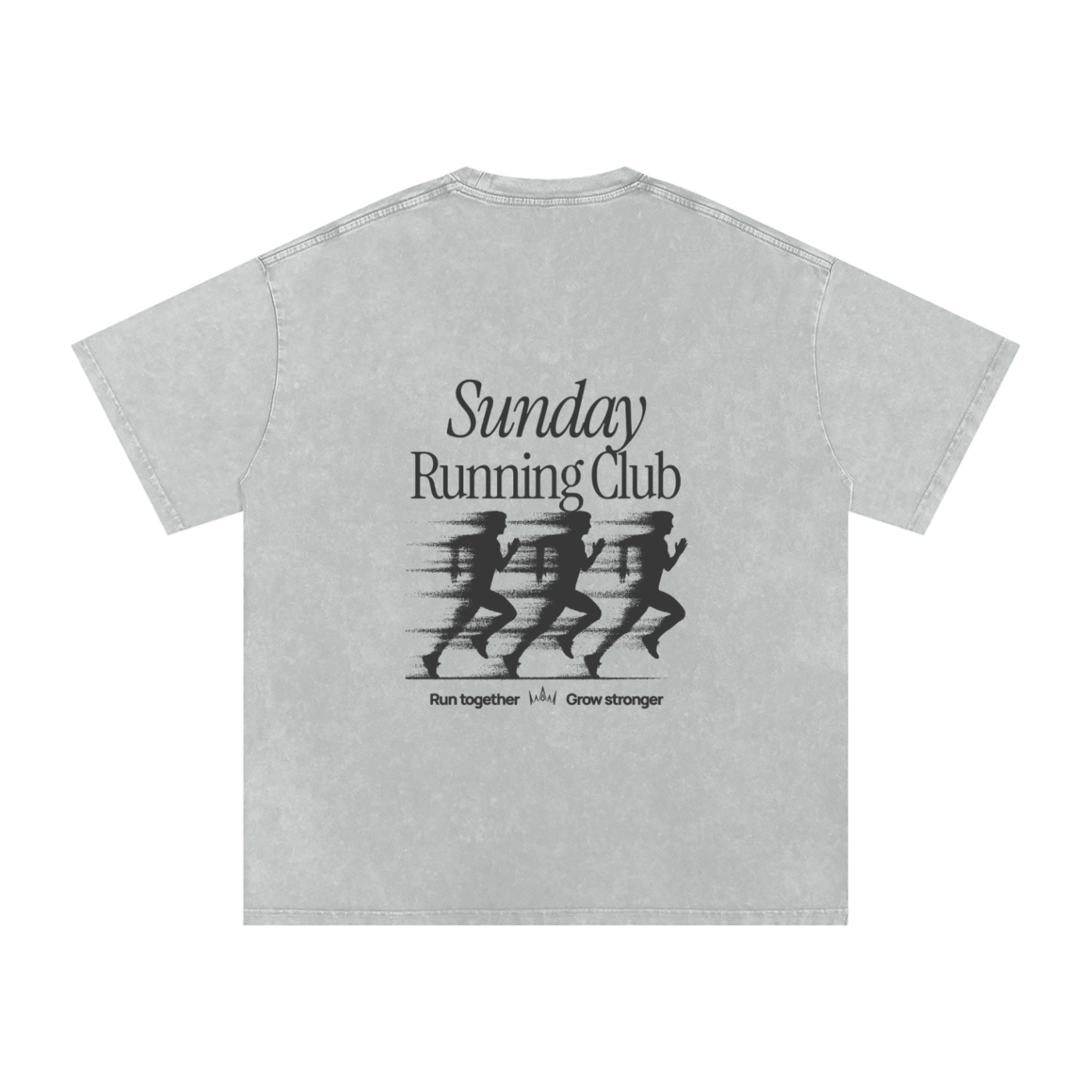 Gray t-shirt with 'Sunday Running Club' design on a white background