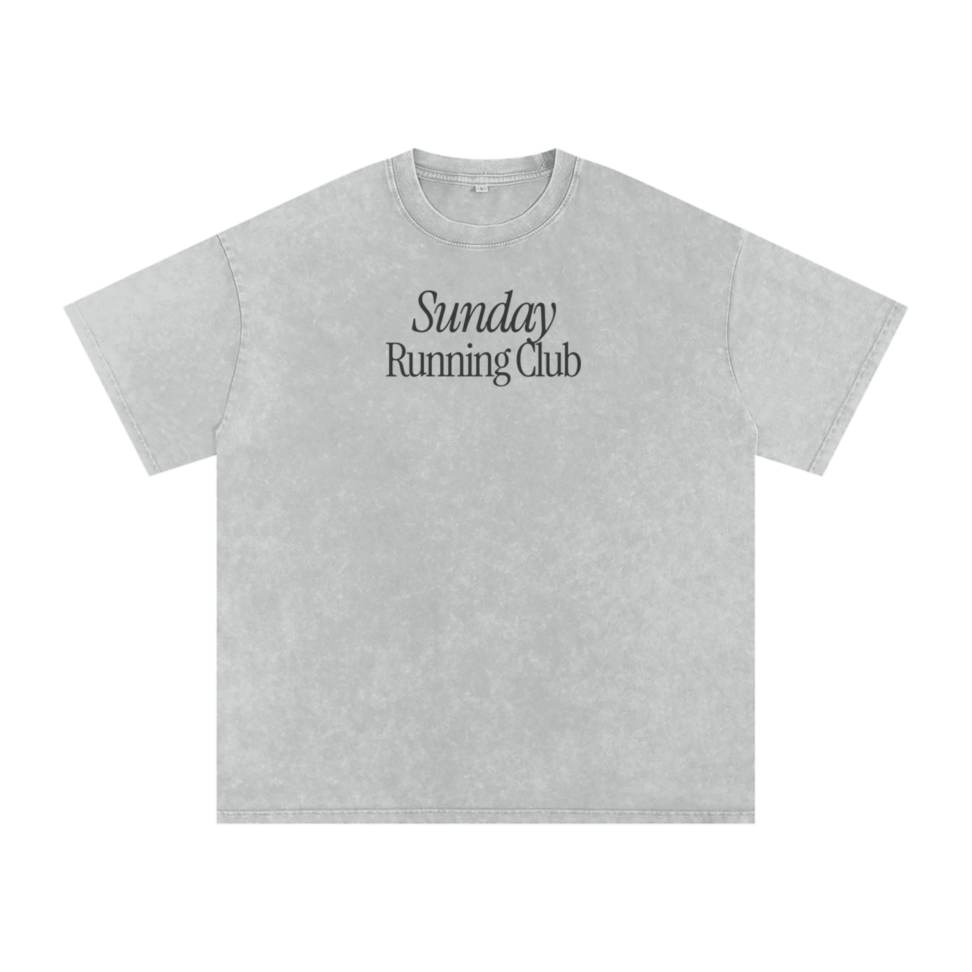 Grey t-shirt with 'Sunday Running Club' text on a white background