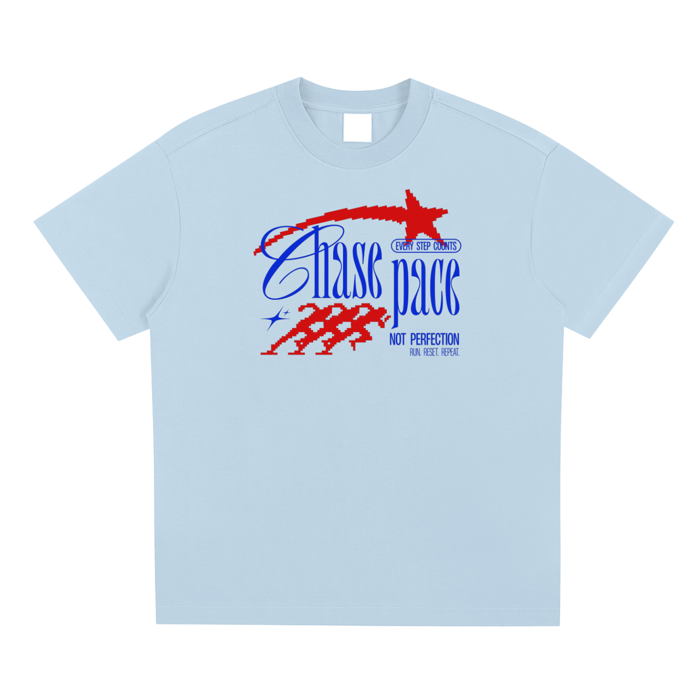 Light blue t-shirt with red and blue graphic design on a white background