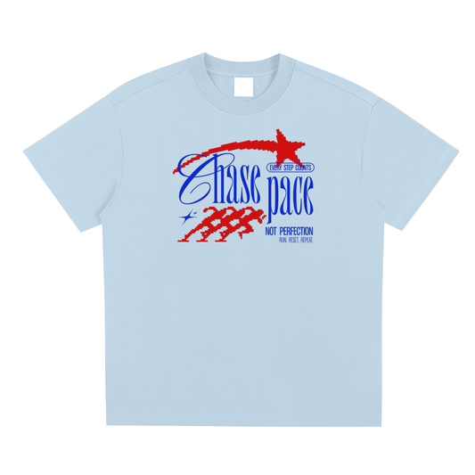 Light blue t-shirt with red and blue graphic design on a white background