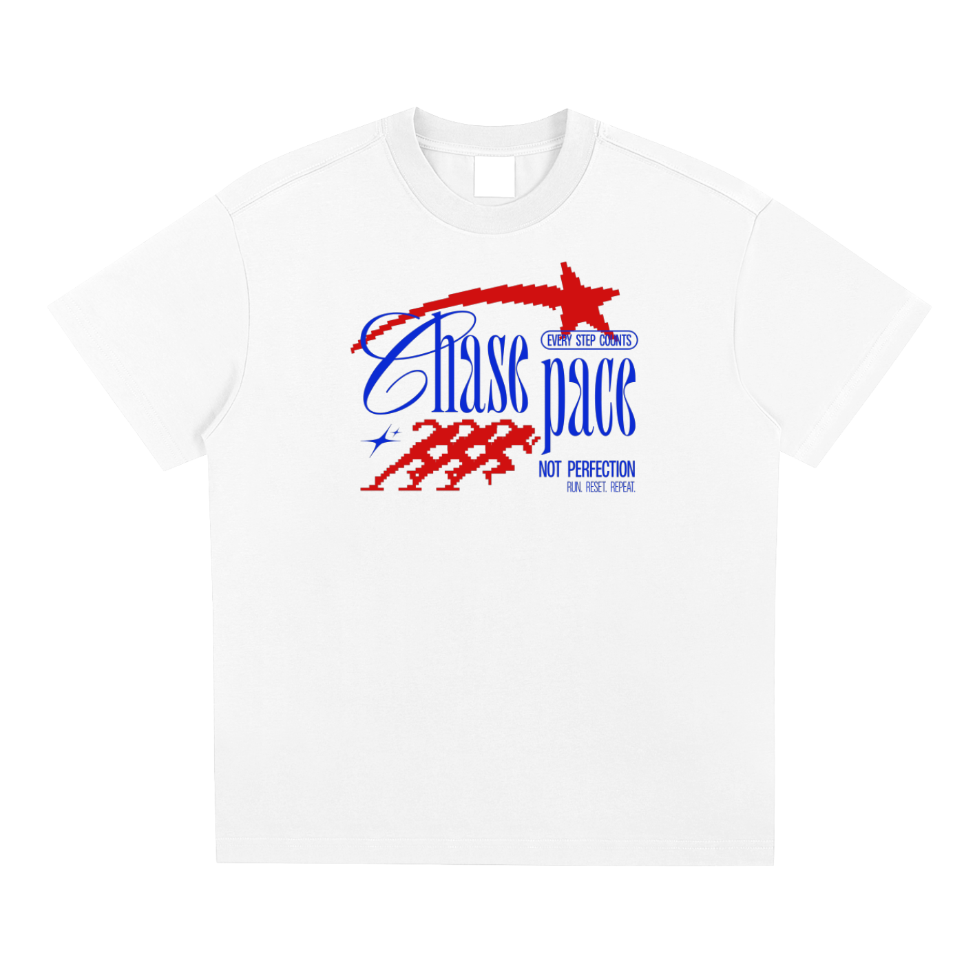White t-shirt with red and blue graphic design on a white background