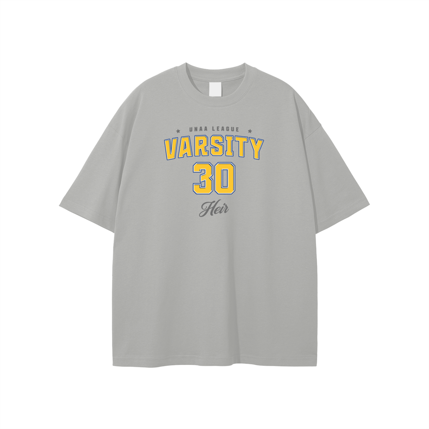 Gray t-shirt with 'Varsity 30' printed on a white background