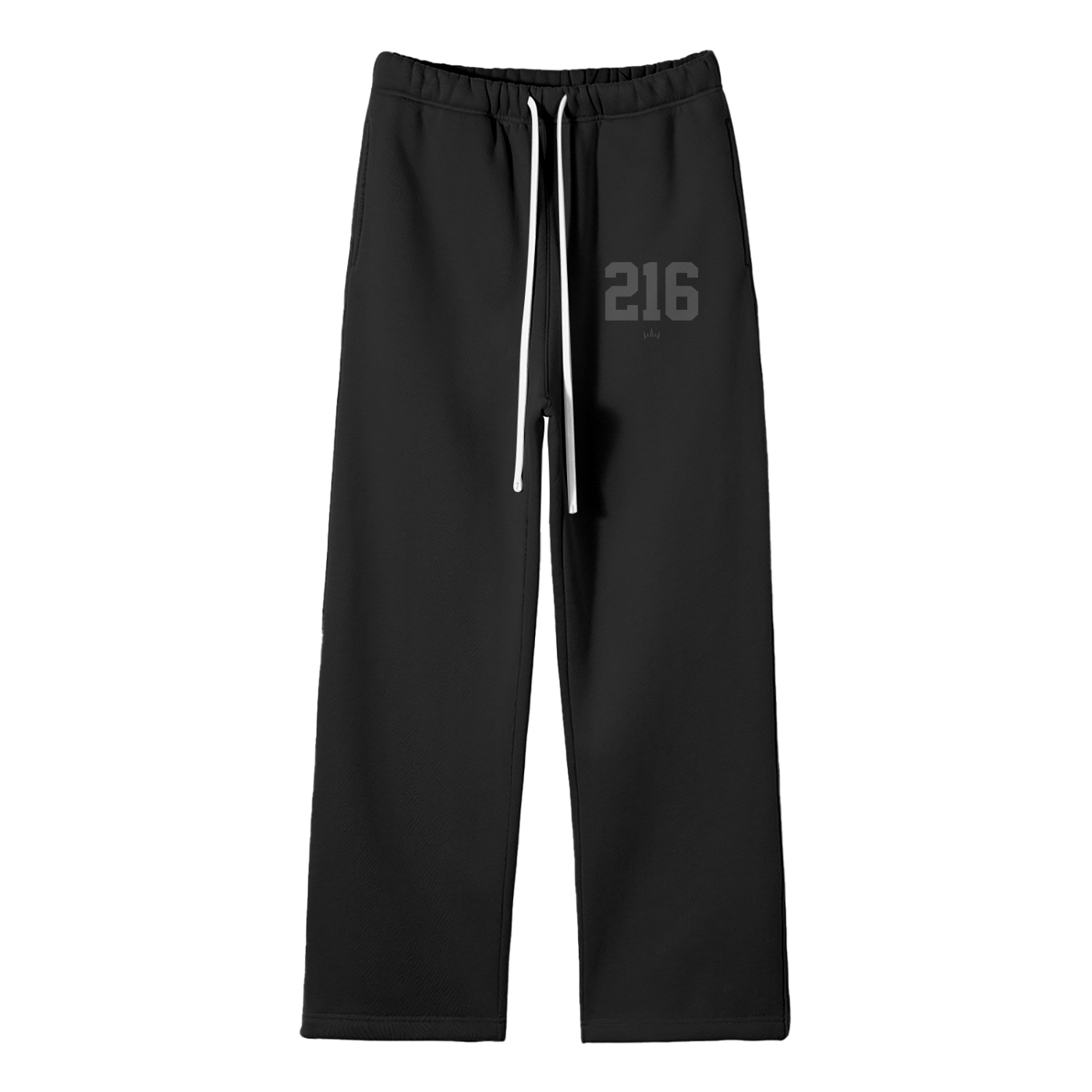 Black straight joggers with a drawstring waist and the number 216 printed on the left leg.
