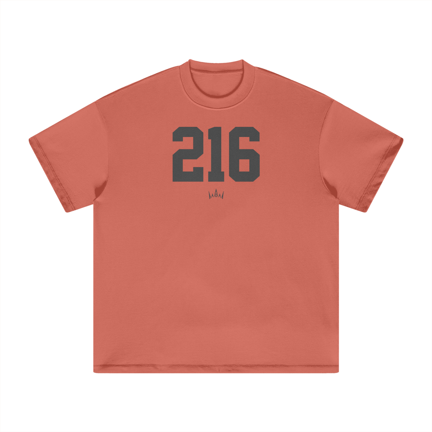 Red crew neck t-shirt with the number '216' printed in black on the front.