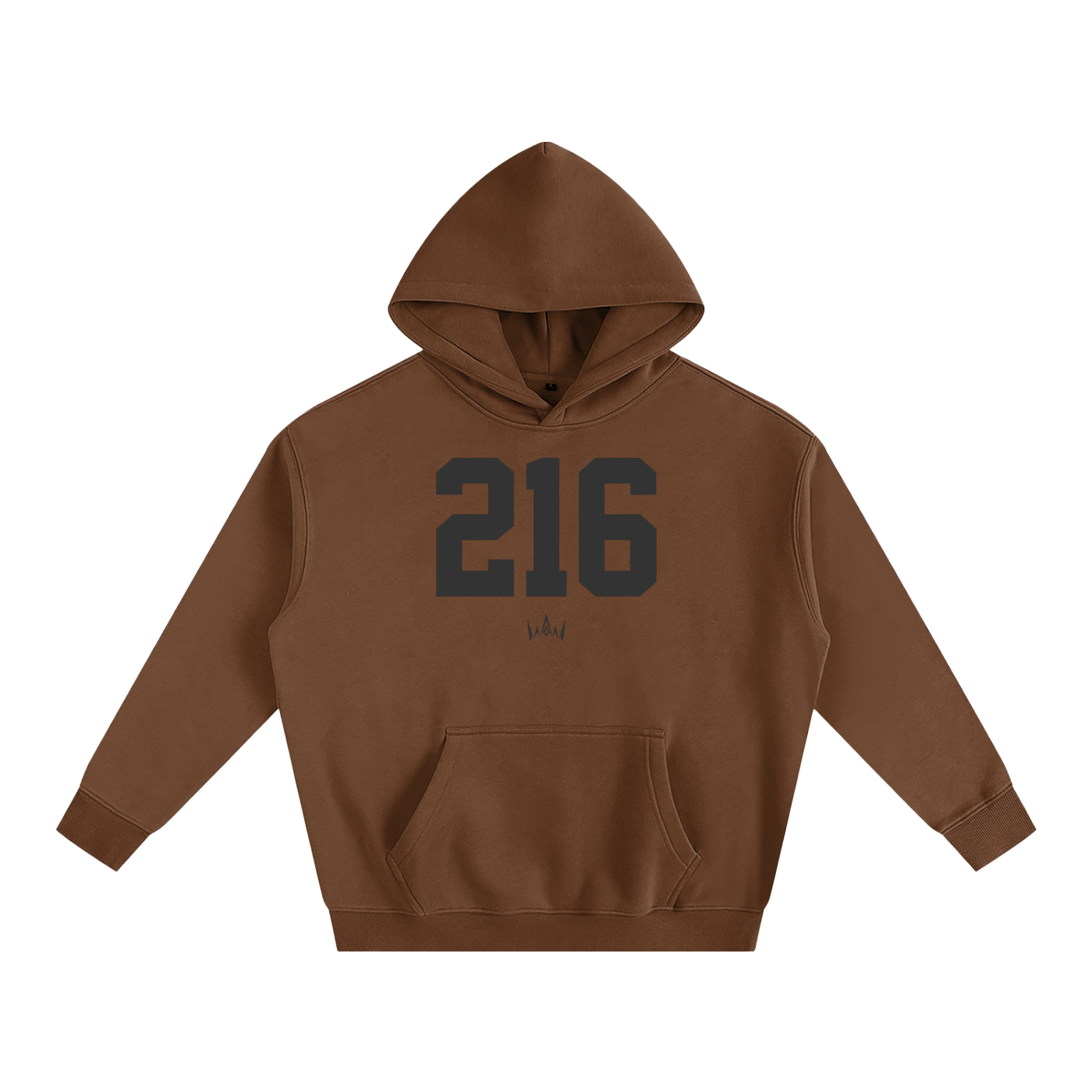 Brown oversized hoodie with '216' printed in black on the front.