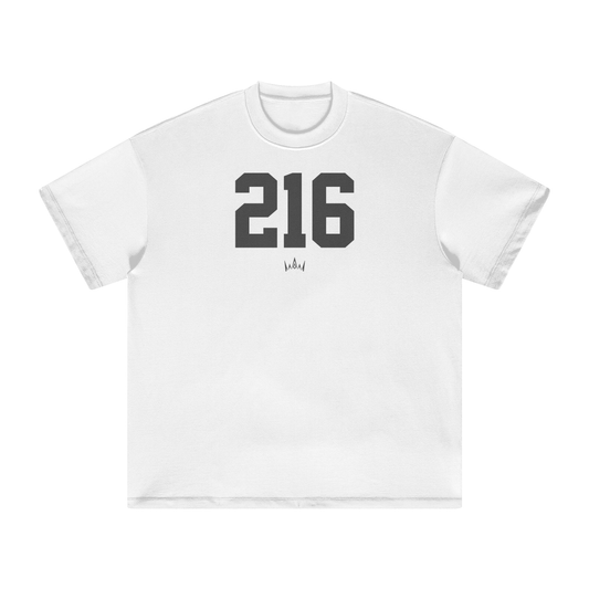 White crew neck t-shirt with the number '216' printed in black on the front.