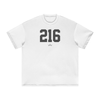 White crew neck t-shirt with the number '216' printed in black on the front.