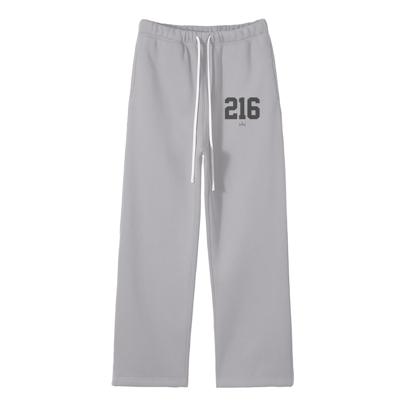 Gray straight joggers with a drawstring waist and the number 216 printed on the left leg.