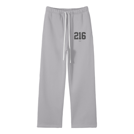 Gray straight joggers with a drawstring waist and the number 216 printed on the left leg.
