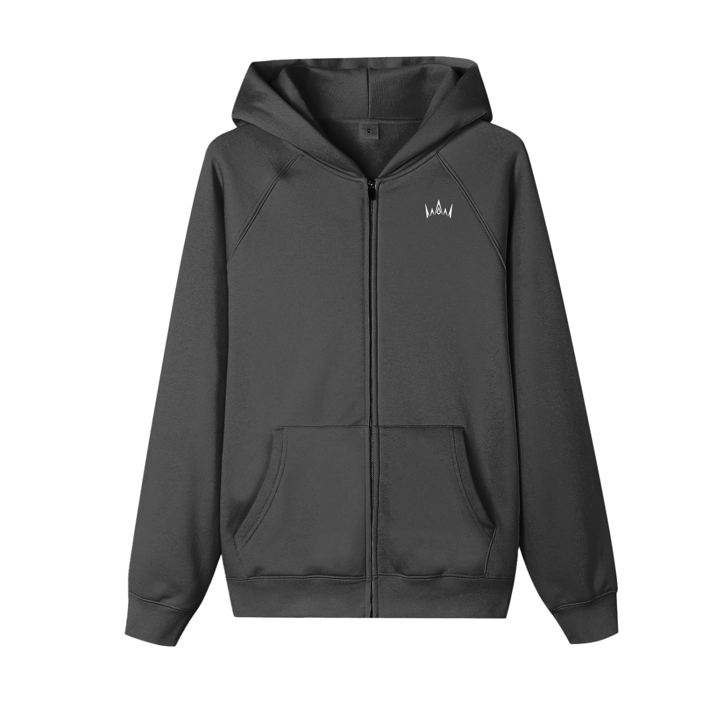 A gray zip-up hoodie with a hood, long sleeves, and a front pocket.