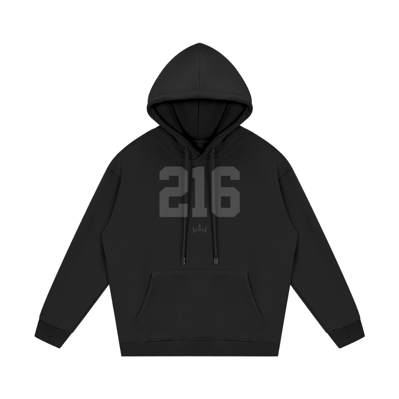 A black hoodie with '216' printed in large black numbers on the front, along with a small 'Cleveland' text at the bottom