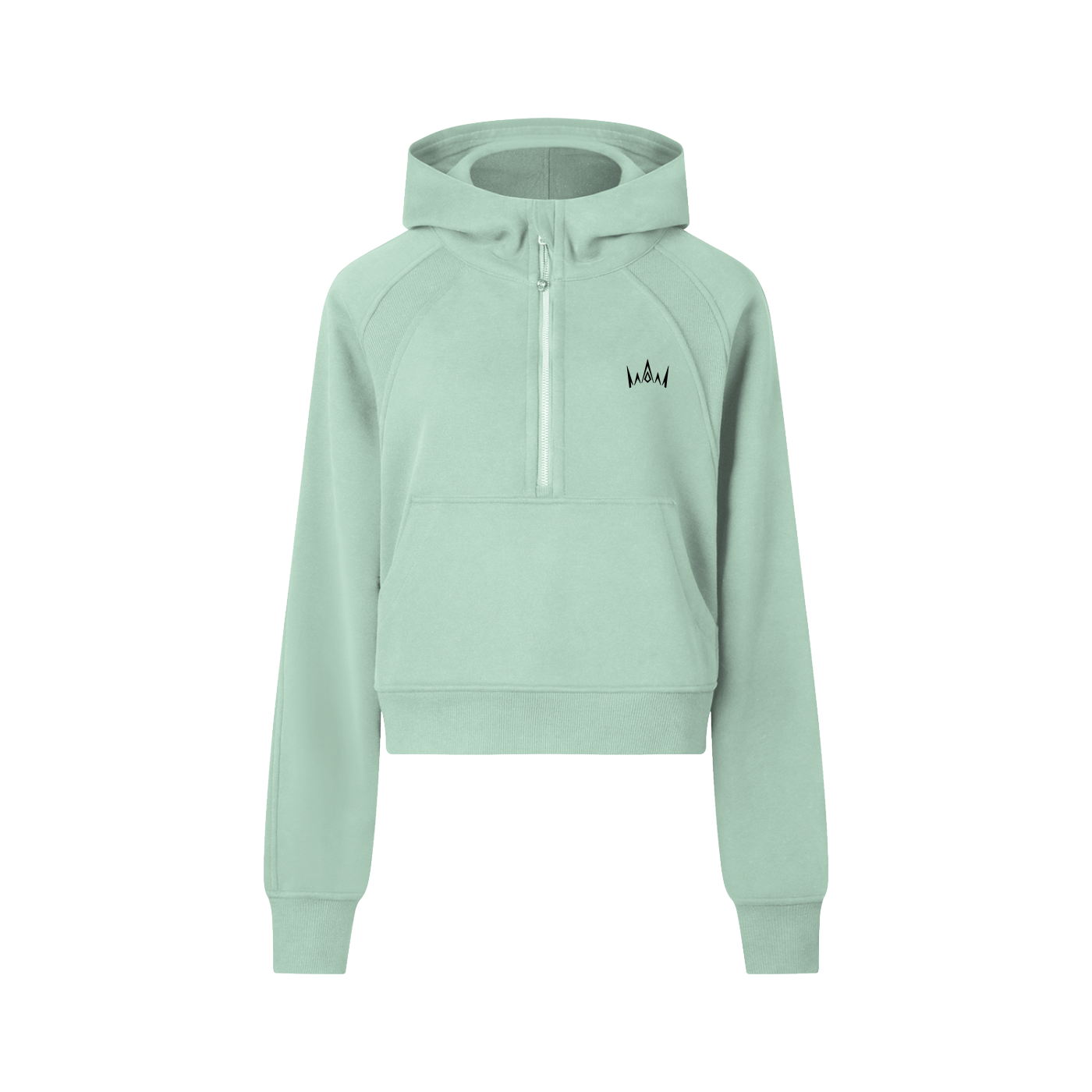 A green cropped half-zip hoodie with a hood, long sleeves, and a front zipper.