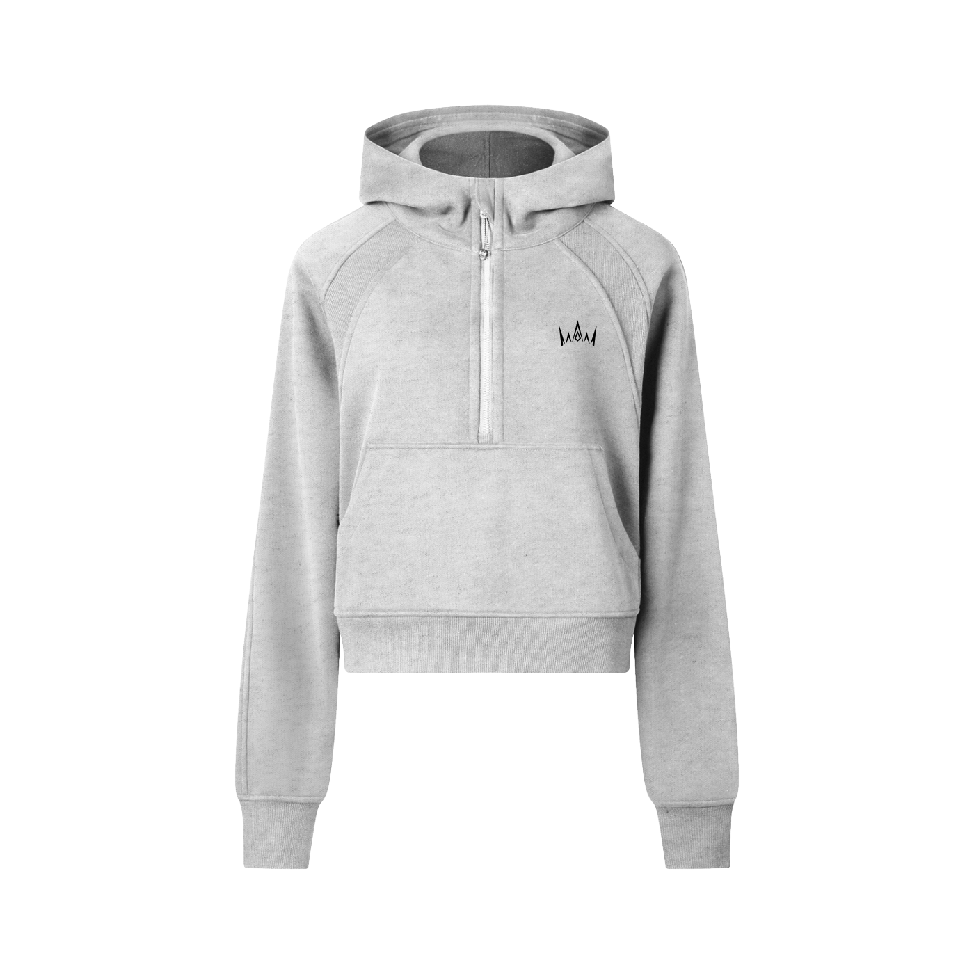 A gray cropped half-zip hoodie with a hood, long sleeves, and a front zipper.