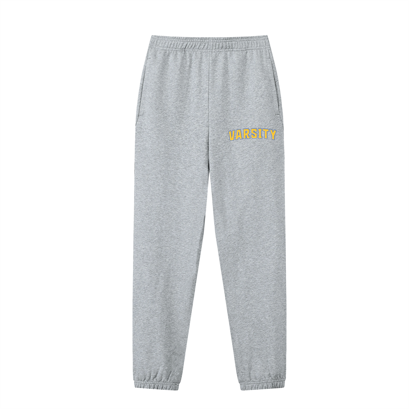 Gray sweatpants with 'Varsity' text on a white background