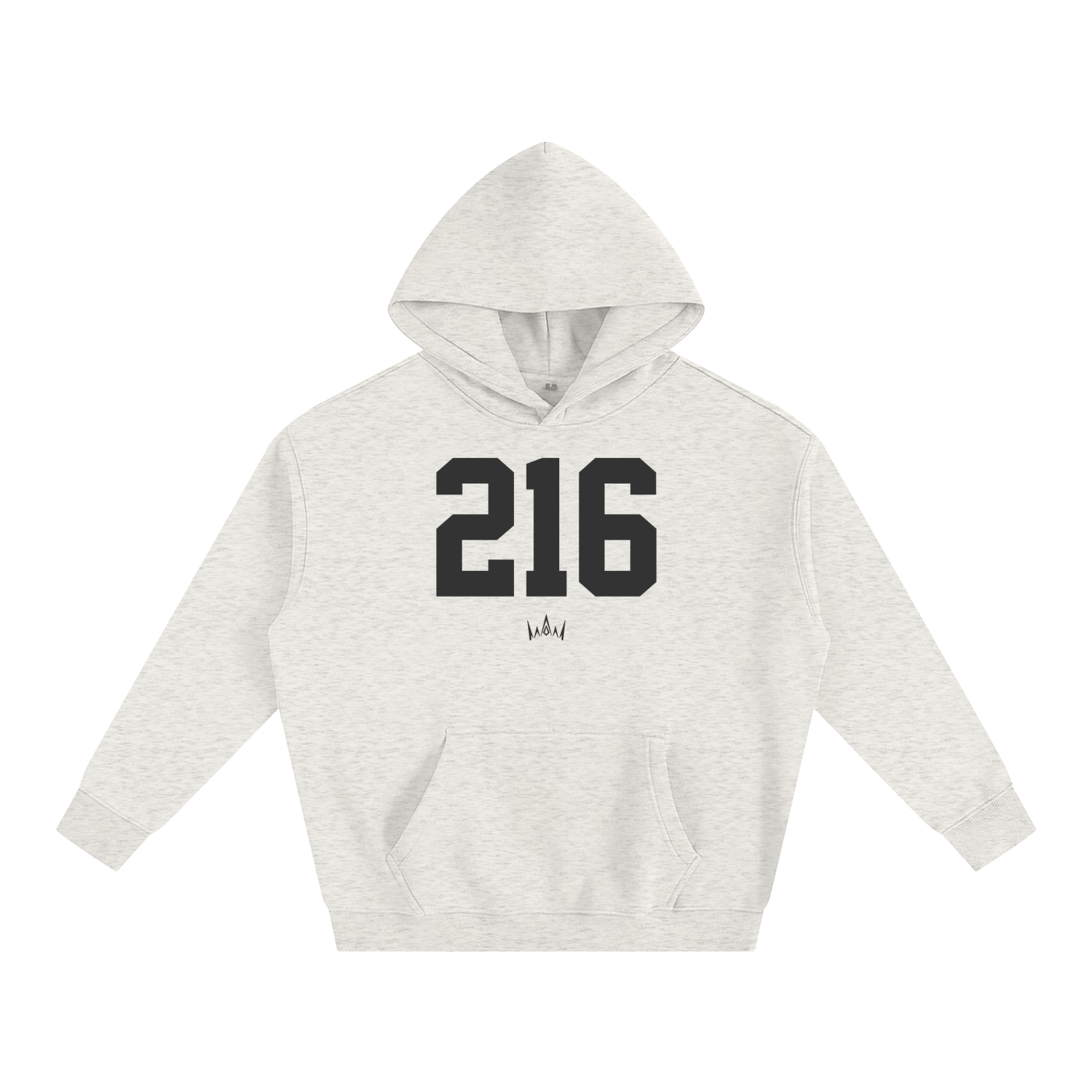 Grey oversized hoodie with '216' printed in black on the front.