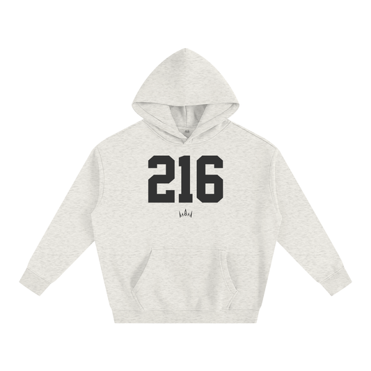 Grey oversized hoodie with '216' printed in black on the front.