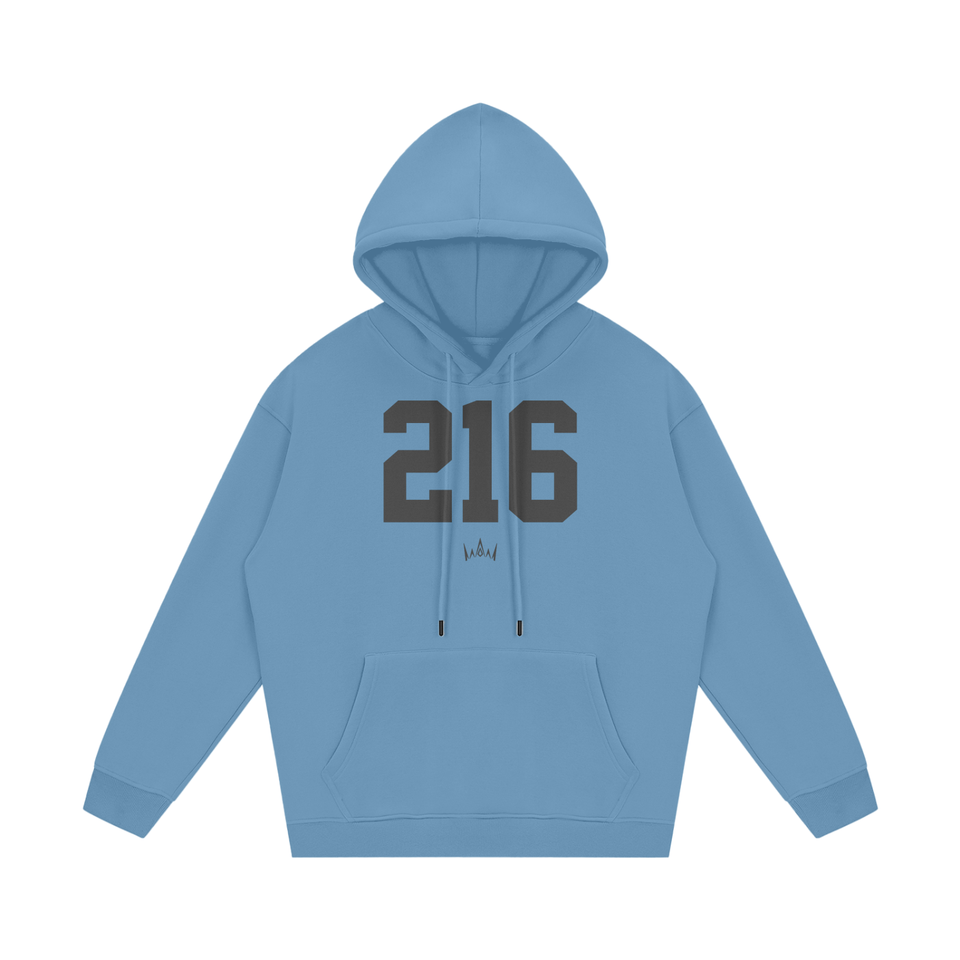 A blue hoodie with '216' printed in large black numbers on the front, along with a small 'Cleveland' text at the bottom.